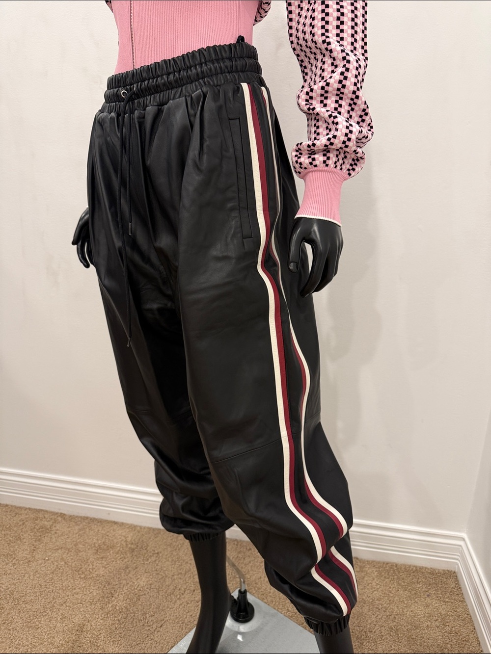 Miu Miu Black Lambskin Leather Jogger Pants w/ Stripe & Embossed Logo IT42/M NEW
